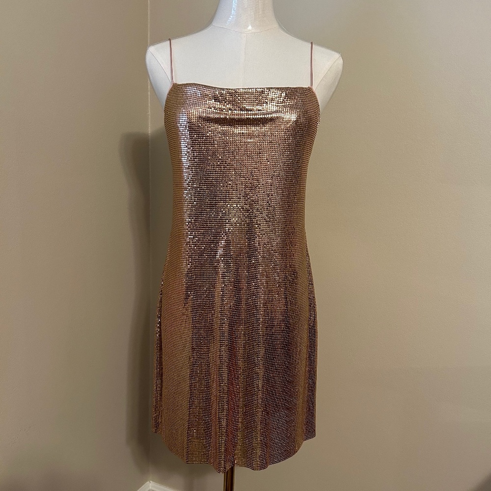 Alice + Olivia Rose Gold Cowl Neck Chainmail Mini Dress